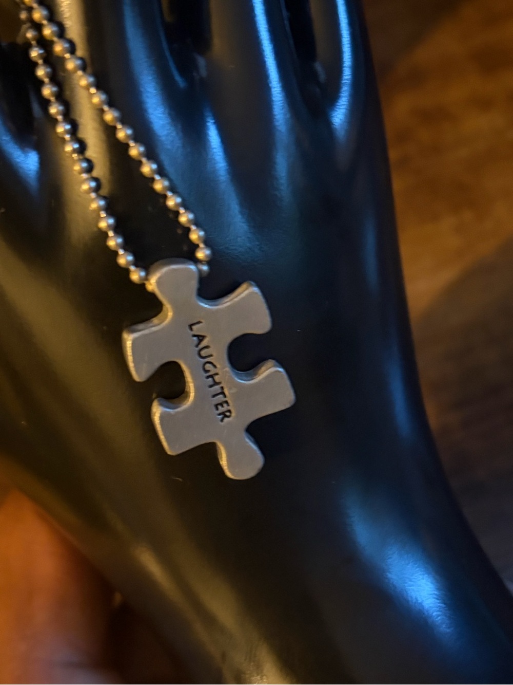 Puzzle Piece Pendant Necklace - 'LAUGHTER' Silver Tone.